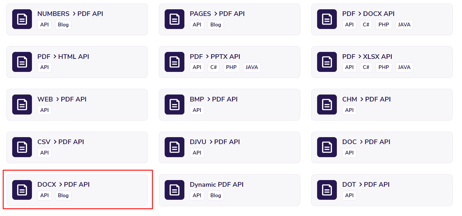 Select DOCX to PDF API converter tool